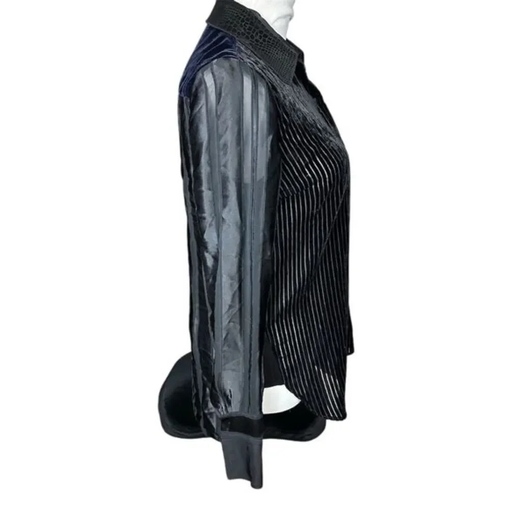 Elie Tahari Women's XS Black Martha Velvet Burnout Button Down Blouse - Picture 6 of 10